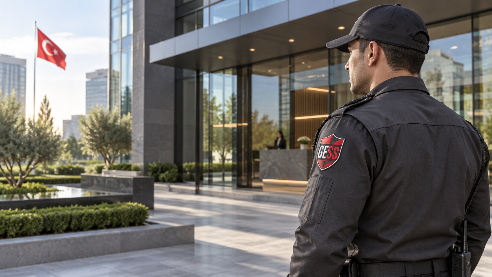 GESS logolu güvenlik görevlisi, modern tesis girişinde